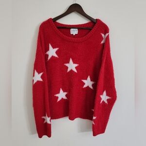 Judith March Red Fuzzy Knit Star Crewneck Sweater Lg Casual Cozycore Oversized